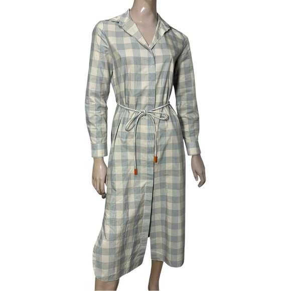 Theory Women’s Size S P Blue White Fuji Check Belted Midi Slit Side Shirtdress - Picture 7 of 15